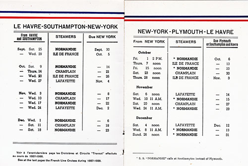 Sailing Schedule, Le Havre-Southampton-NewYork and New York-Plymouth or Southampton-Le Havre, from 25 September 1937 to 31 December 1937.