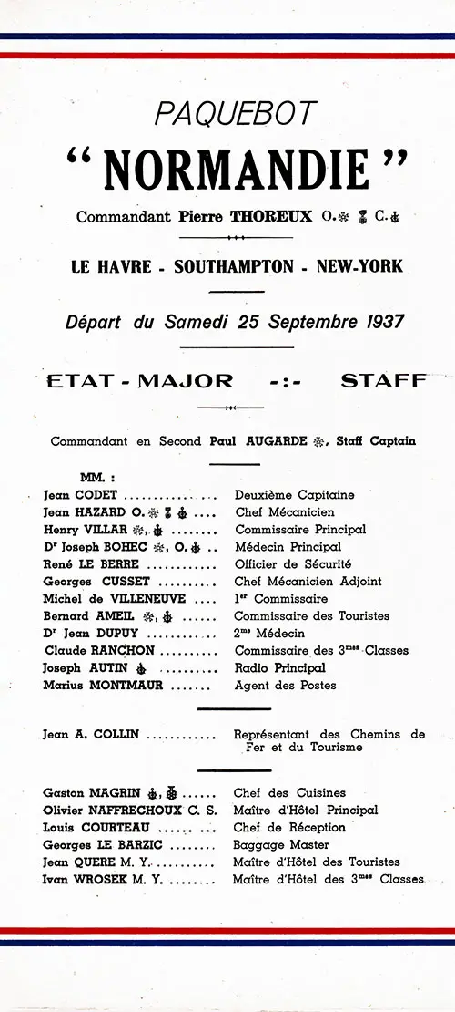 Title Page Including Listing of Senior Officers and Staff, SS Normandie Third Class Passenger List - 25 September 1937.