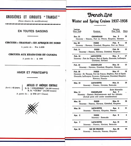 CGT French Line Winter and Spring Cruises 1937-1938. Ships Included the Champlain, Ile de France, Lafayette, and Paris.