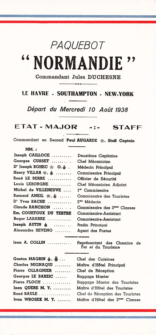 Title Page Including Listing of Senior Officers and Staff, SS Normandie Tourist Class Passenger List, 10 August 1938.