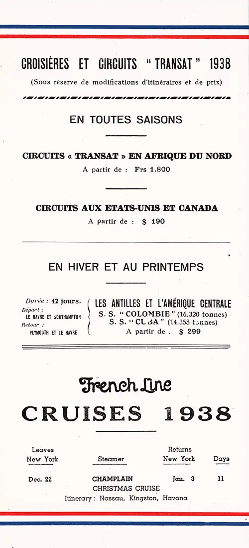 Advertisement: French Line Cruises 1938-1939.