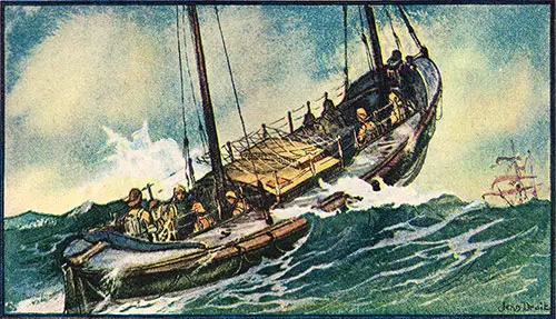 The Central Lifeboat Society. People in Lifeboat Being Tossed About by Large Waves. A Vessel Is Visible in the Background. Illustration by Jean Droit.