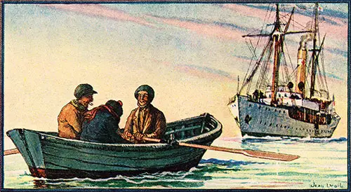 The Marine Welfare Society. Three People in a Row Boat in the Foreground With a Steamship in the Background. Illustration by Jean Droit.