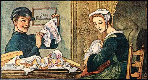 The "Transatlantique" Maternity Fund. A Mother Cradles Her Infant Baby While Her Husband Hold Up Clothes for the Child. Illustration by Jean Droit.