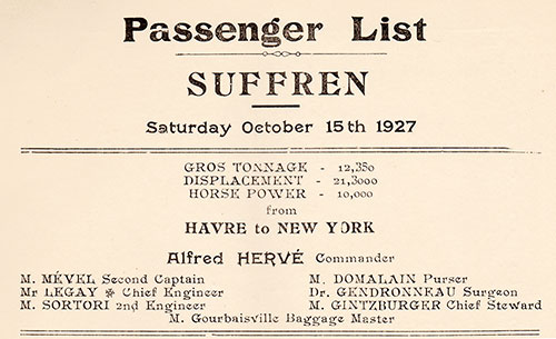 Title Page Including Senior Officers and Staff, SS Suffren Cabin Passenger List, 15 October 1927.