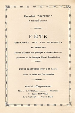 Title Page, Charity Fete Program, SS Suffren of the Compagnie Générale Transatlantique / French Line (CGT), 24 October 1927.