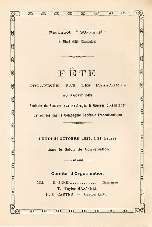 Title Page, Charity Fête Program, SS Suffren of the Compagnie Générale Transatlantique / French Line (CGT), 24 October 1927.