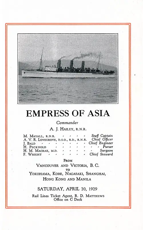Title Page and Listing of Senior Officers, SS Empress of Asia First and Second Class Passenger List, 20 April 1929.