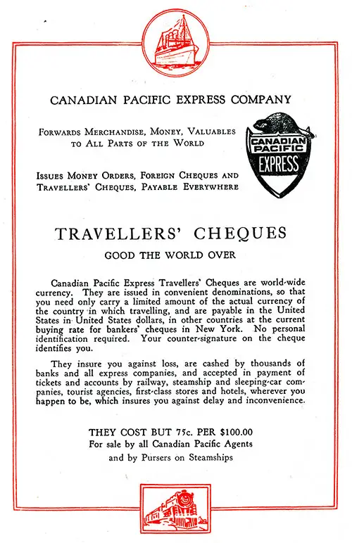 Canadian Pacific Express Company Travellers' Cheques, SS Empress of Asia First and Second Class Passenger List, 20 April 1929.
