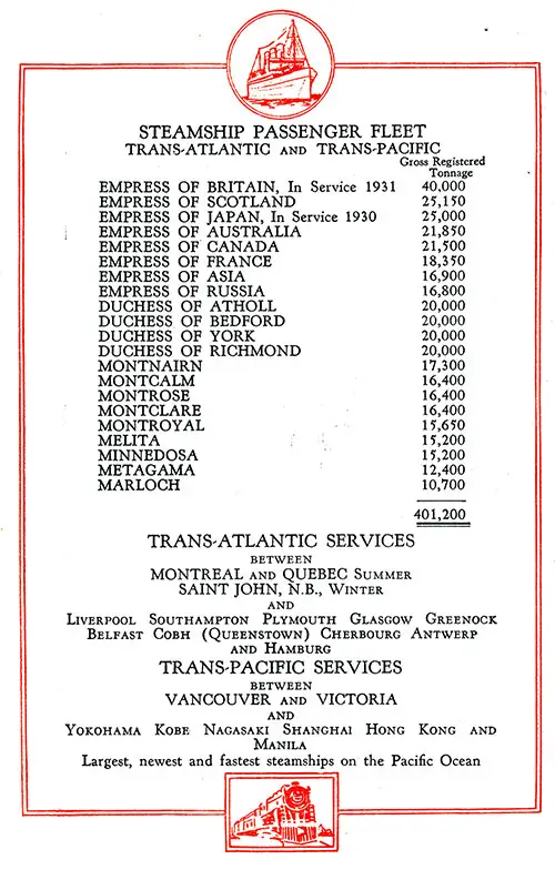 Fleet List and Services, SS Empress of Asia First and Second Class Passenger List, 20 April 1929.