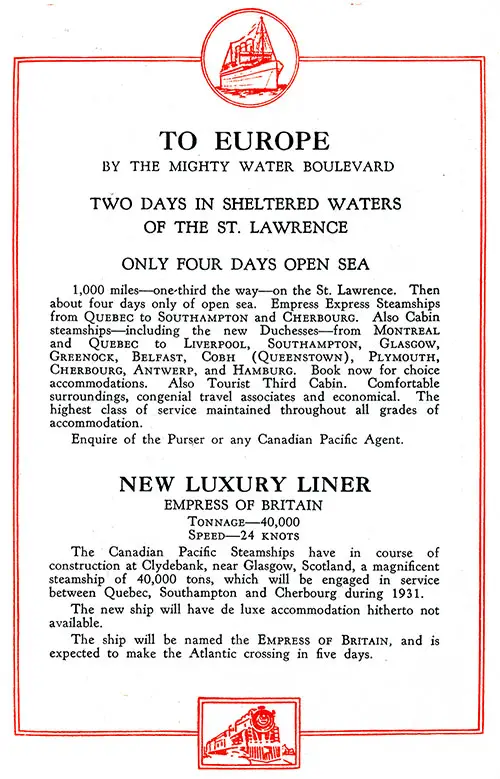 Canadian Pacific Line Services to Europe and New Luxury Liner Empress of Britian, SS Empress of Asia First and Second Class Passenger List, 20 April 1929.