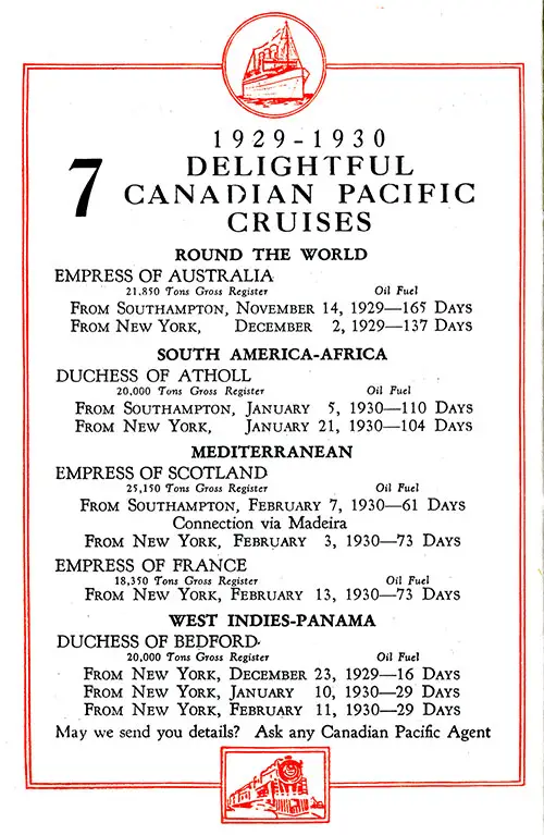 Advertisement: 1929-1930 Seven Delightful Canadian Pacific Cruises.