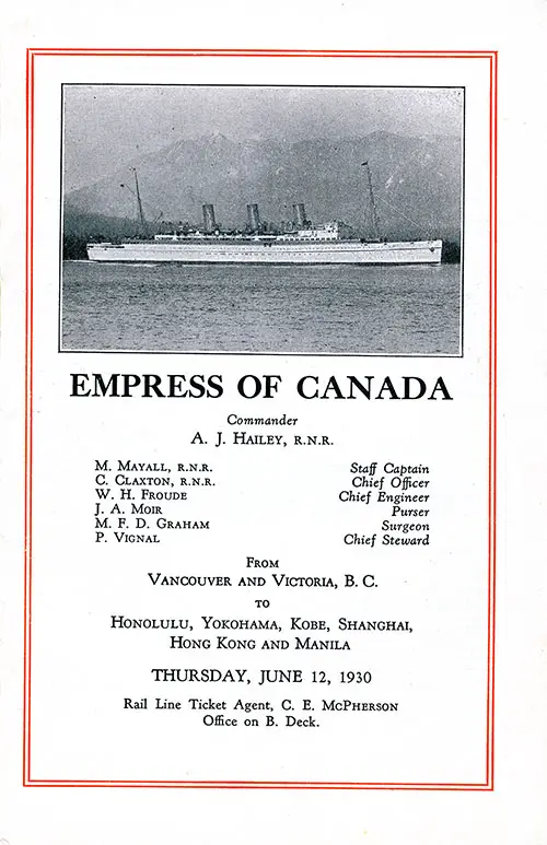 Title Page Including Senior Officers and Staff, SS Empress of Canada First and Second Class Passenger List, 12 June 1930.