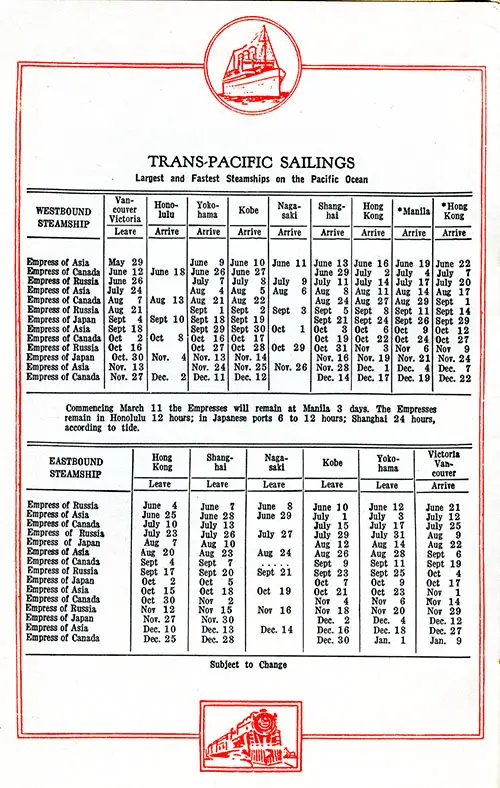 Trans-Pacific Sailings, Vancouver, Victoria, Honolulu, Yokohama, Kobe, Nagasaki, Shanghai, Hong Kong, and Manilla, from 29 May 1930 to 9 January 1931.