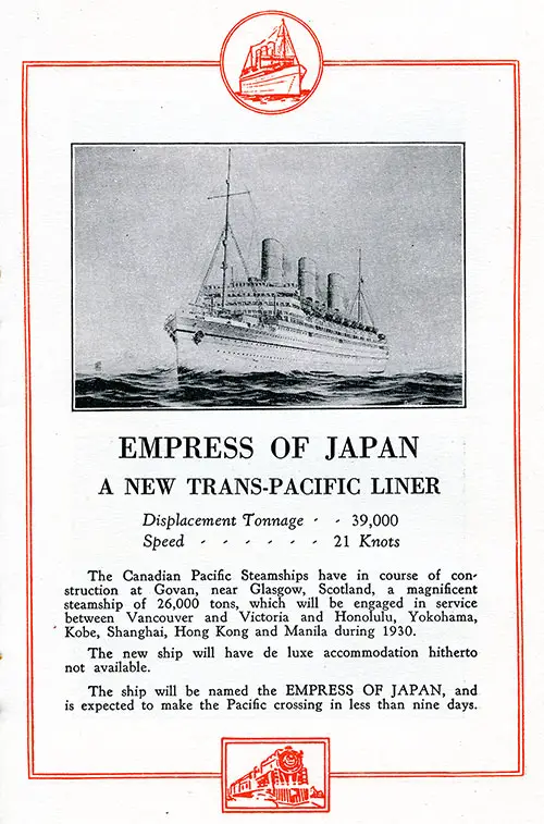 Empress of Japan, a New Trans-Pacific Liner. Displacement Tonnage 26,000, Speed 21 Knots.