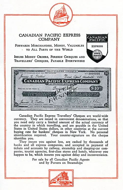 Advertisement: Canadian Pacific Express Company Travellers' Cheques.