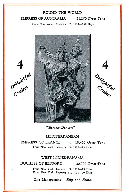 Advertisement: Empress of Australia Around the World Cruise from New York, 2 December 1931 -- 137 Days. Other Cruises Include Mediterranean (Empress of France) and West Indies-Panama (Duchess of Bedford).