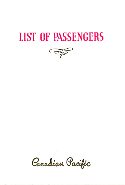 Front Cover, SS Montrose Cabin Passenger List of the Canadian Pacific Line (CPR-CPOS), Departing Friday, 4 August 1939, from Liverpool to Québec and Montréal via Belfast and Greenock.