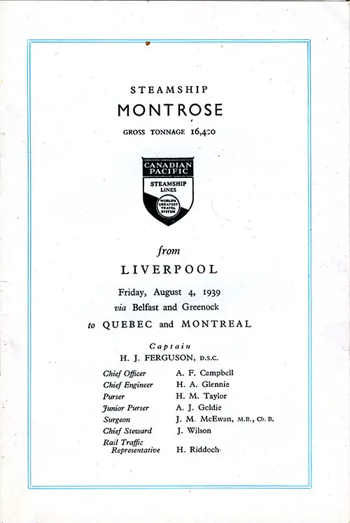 Title Page Including Listing of Senior Officers and Staff, SS Montrose Cabin Passenger List, 4 August 1939.
