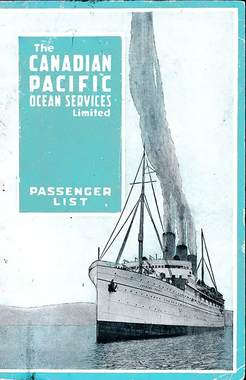 Front Cover, RMS Pretorian Cabin Passenger List of the Canadian Pacific Line, Departing 16 August 1919 from Liverpool for Québec and Montréal.