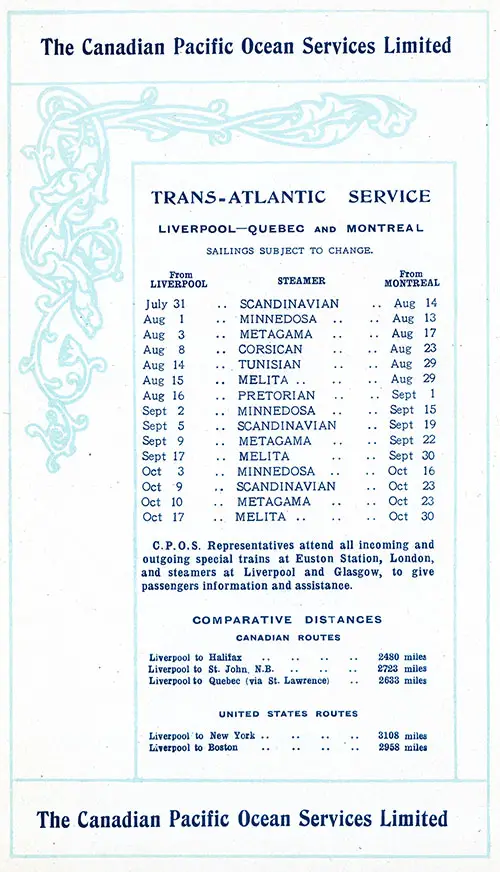 Sailing Schedule, Liverpool-Quebec-Montreal, from 31 July 1919 to 30 October 1919.