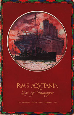Front Cover of a Cabin Passenger List for the RMS Aquitania of the Cunard Line, Departing Saturday, 25 June 1921 from Southampton to New York via Cherbourg
