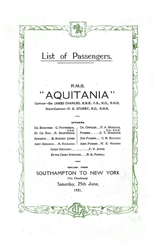 Title Page, RMS Aquitania Saloon and Second Class Passenger List, 25 June 1921.
