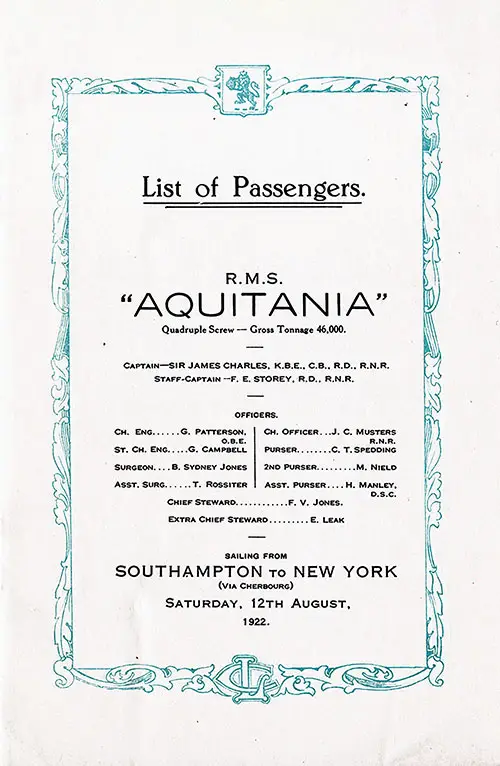 Title Page, RMS Aquitania Cabin Passenger List, 12 August 1922.