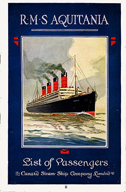 Front Cover of a Second Class Passenger List from the RMS Aquitania of the Cunard Line, Departing 18 June 1924 from New York to Southampton via Cherbourg.