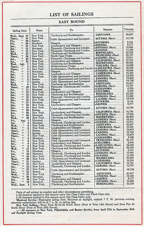 Eastbound Sailing Schedule from the US and Canadian Ports to European Ports, from 18 June 1924 to 3 September 1924.