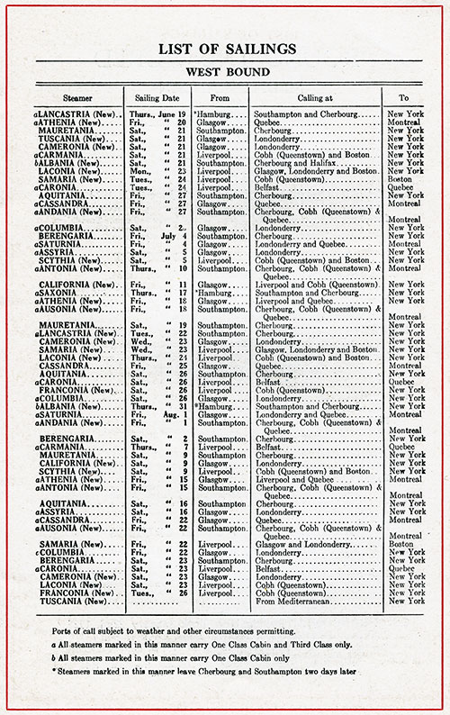 Westbound Sailing Schedule, from European Ports to Canadian and US Ports, from 19 June 1924 to 26 August 1924.