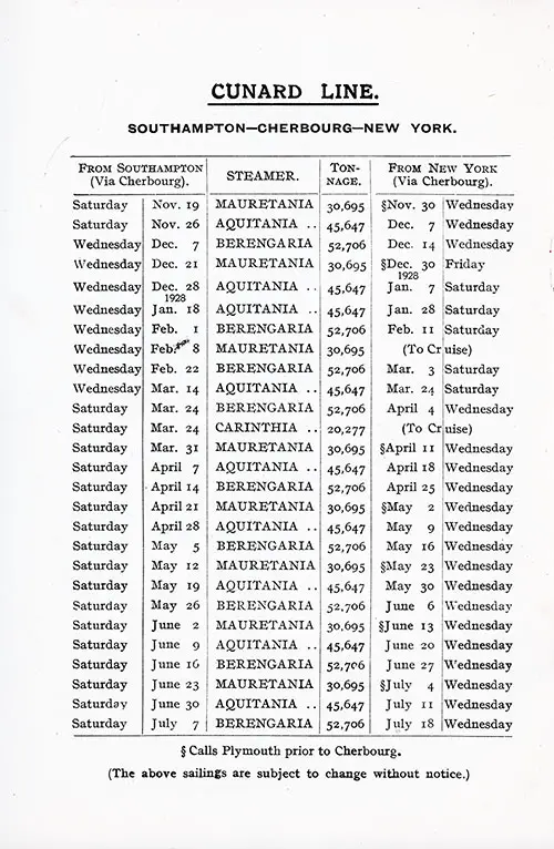 Sailing Schedule, Southampton-Cherbourg-New York, from 19 November 1927 to 7 July 1928.