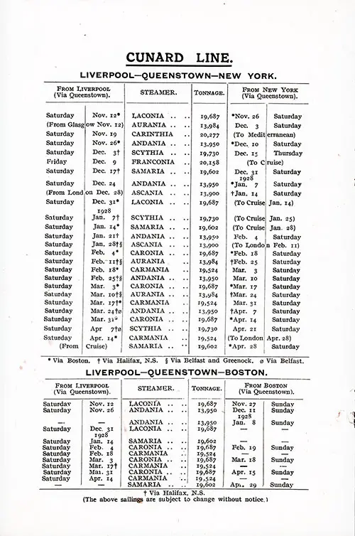Sailing Schedule, Liverpool, Cobh (Queenstown)-New York-Boston, from 12 November 1927 to 29 April 1928.