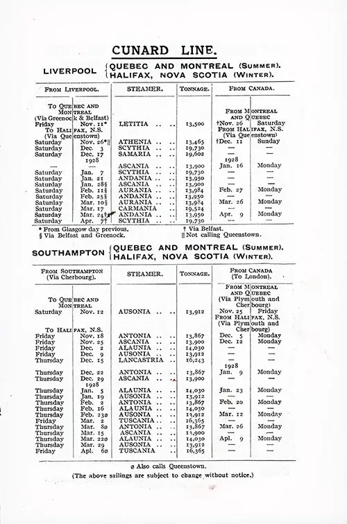 Sailing Schedule, Liverpool-Canadian Ports, from 11 November 1927 to 9 April 1928.