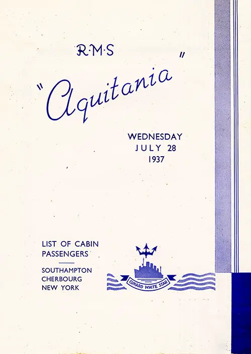 Title Page, RMS Aquitania Cabin Class Passenger List, 28 July 1937.