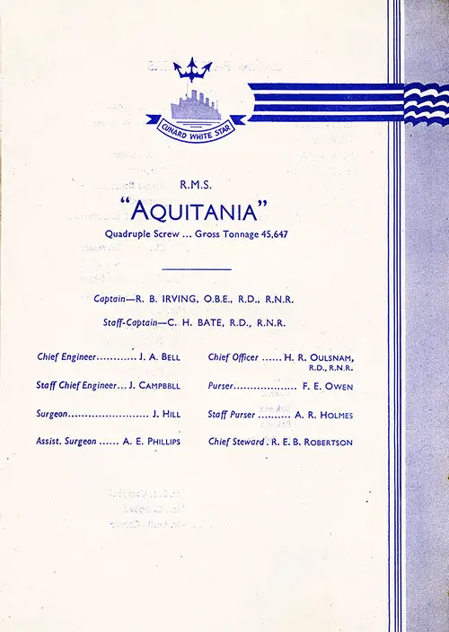 Senior Officers and Staff, RMS Aquitania Cabin Class Passenger List, 28 July 1937.