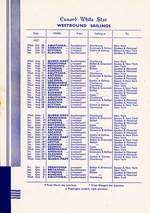 Westbound Sailing Schedule, Cunard White Star Vessels, from 28 July 1937 to 6 October 1937.