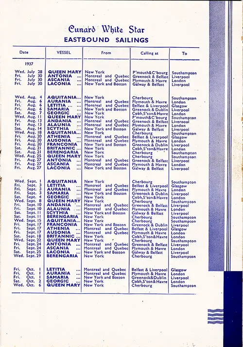 Eastbound Sailing Schedule, Cunard White Star Vessels, from 28 July 1937 to 6 October 1937.