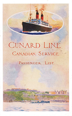 Front Cover of a Cabin Passenger List from the TSS Ausonia of the Cunard Line, Departing 3 July 1913 from Southampton to Québec and Montréal.