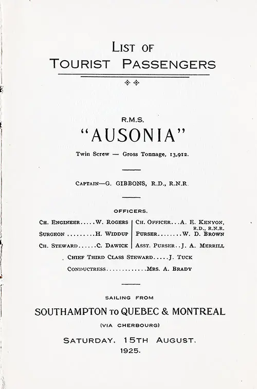 Title Page, RMS Ausonia Tourist Class Passenger List, 15 August 1925.