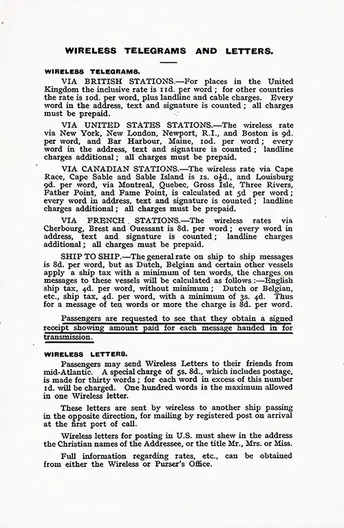 Wireless Telegrams and Letters. RMS Ausonia Passenger List, 15 August 1925.