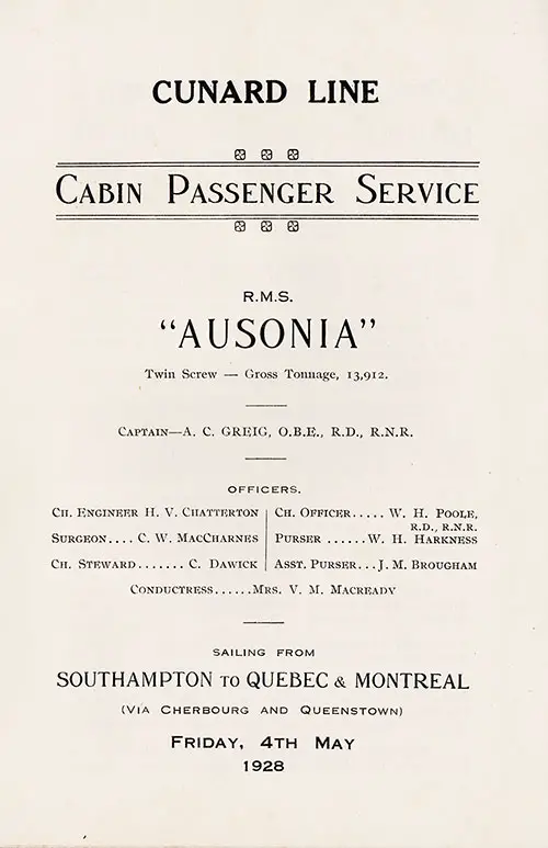 Title Page Including Senior Officers and Staff. RMS Ausonia Cabin Passenger List, 4 May 1928.