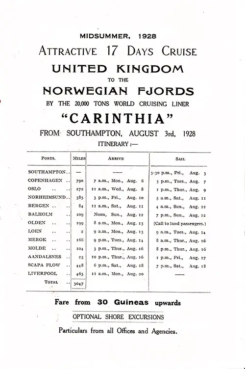 Midsummer 1928 Attractive 17-Day Cruise, United Kingdom to the Norwegian Fjords on the SS Carinthia from Southampton 3 August 1928.