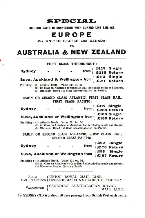 Advertisement Special Through Rates, Europe via the United States and Canada to Australia and New Zealand.