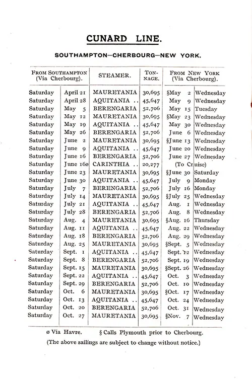 Sailing Schedule, Southampton-Cherbourg-New York, from 21 April 1928 to 7 November 1928.