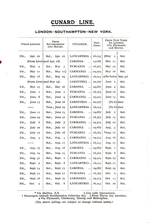 Sailing Schedule, London-Southampton-New York, from 20 April 1928 to 20 October 1928.