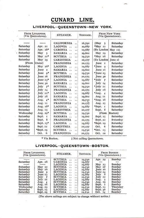 Sailing Schedule, Liverpool-Queenstown (Cobh)-New York and Liverpool-Queenstown (Cobh)-Boston, from 21 April 1928 to 20 October 1928.