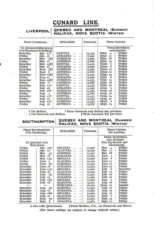 Sailing Schedule, Liverpool or Southampton to Canadian Ports, from 20 April 1928 to 21 September 1928.