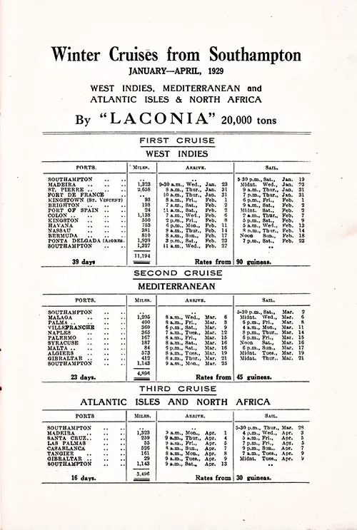 Winter Cruises from Southampton, January-April 1929 by the SS Laconia.