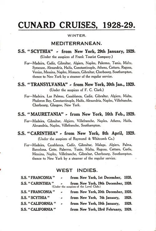 Cunard Winter Cruises, 1928-1929, for the Mediterranean and West Indies.
